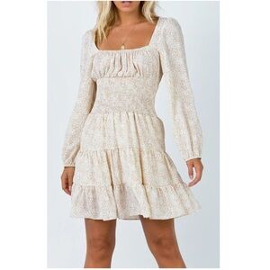 Princess Polly Devante Mini Dress Floral Ballon Sleeve Beige Tiered Size 8